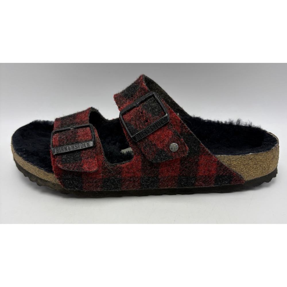 Birkenstock Arizona Sandals Women 7 N Shearling Wool Plaid Red 38 Casual Slip On